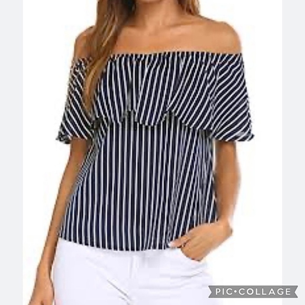 Sherosa Blue White Striped Off the Shoulder Flounce Ruffle Top M Nautical Chic